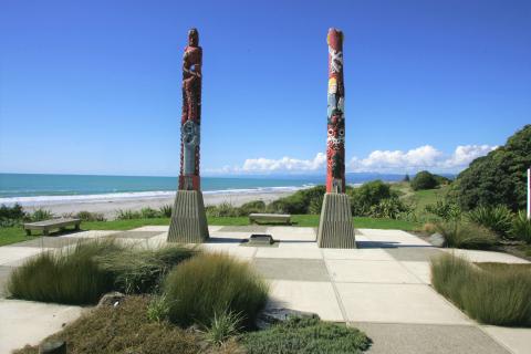 Pou whenua at Waiotahi Beach