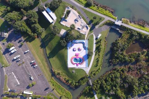 Aerial view of skatepark and carpark area