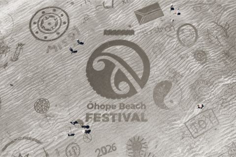 Ō logo in sand Ohope Beach