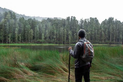 Tour person looking out at sacred lake