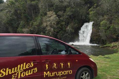 shuttle tour van and waterfall