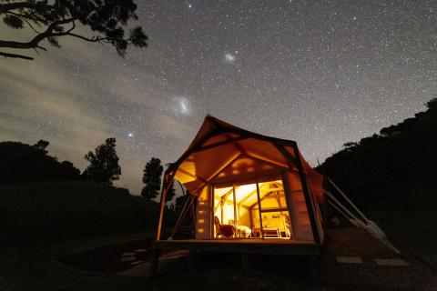 Night shot of tent